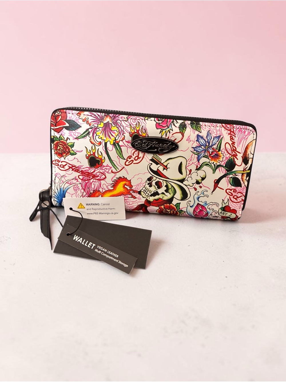 Ed Hardy Tattoo Print Zip Around Wallet NWT Vegan Leather
